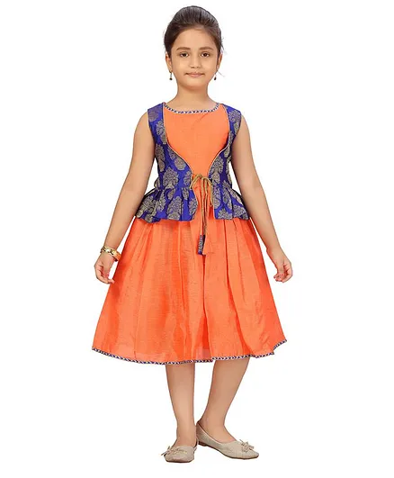 Aarika Sleeveless Flared Dress With Block Print Jacket - Orange