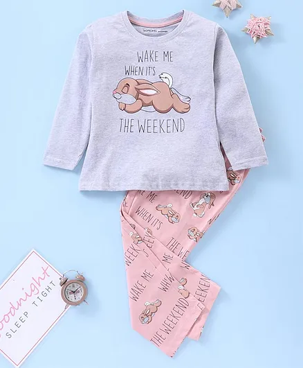 Doreme Full Sleeves Pyjama Set Bunny Print - Grey Pink