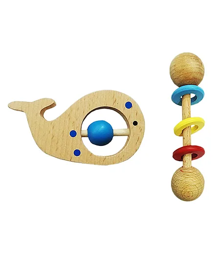 HNT Kids Wooden Dumbell And Baby Whale Toy Pack of 2 - Brown