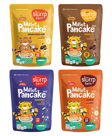 Slurrp Farm Healthy Blueberry, Classic, Banana & Chocolate Pancake Mix Combo - 150 gm each