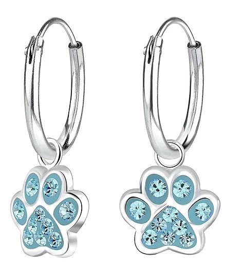 Aww So Cute Paws Design 925 - 92.5 Sterling Silver Hoop Earrings - Blue