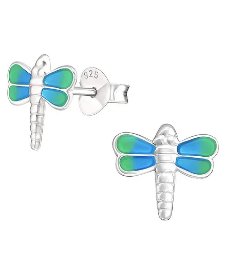 Aww So Cute Dragonfly Design 925 - 92.5 Sterling Silver Stud Earrings - Green & Blue