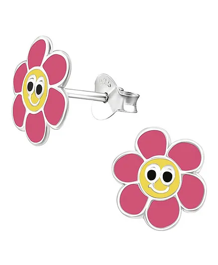 Aww So Cute Flower Design 925 - 92.5 Sterling Silver Stud Earrings - Pink