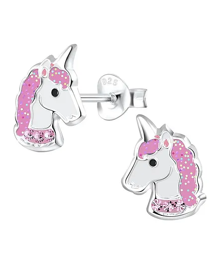 Aww So Cute Unicorn Design 925 - 92.5 Sterling Silver Stud Earrings - Pink