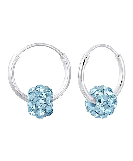 Aww So Cute Crystal Ball Charm Design 92.5 Sterling Silver Hoop Earrings - Blue