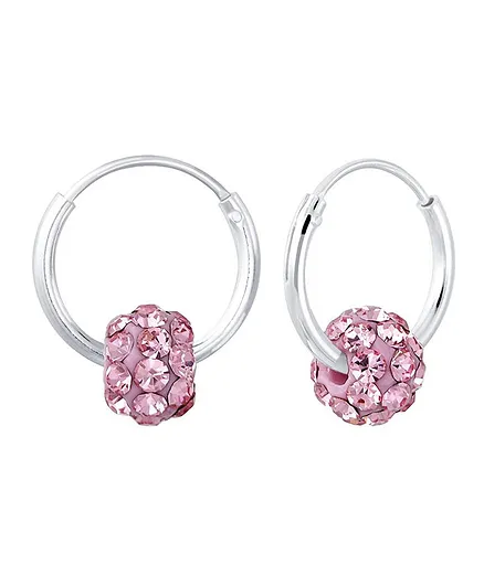 Aww So Cute Crystal Ball Charm Design 92.5 Sterling Silver Hoop Earrings - Pink