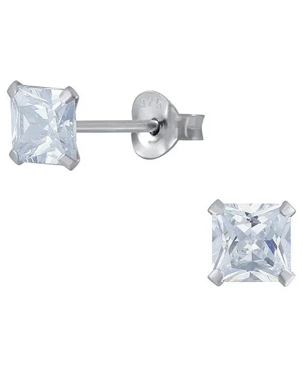 Aww So Cute Square Design 92.5 Sterling Silver Stud Earrings - Clear White