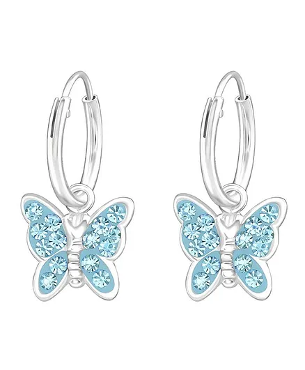 Aww So Cute Butterfly Design 92.5 Sterling Silver Hoop Earrings - Blue