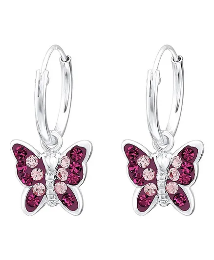 Aww So Cute Butterfly Design 925 - 92.5 Sterling Silver Hoop Earrings - Dark Purple