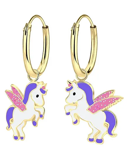 Aww So Cute Unicorn Design 925 - 92.5 Sterling Silver Hoop Earrings - Golden