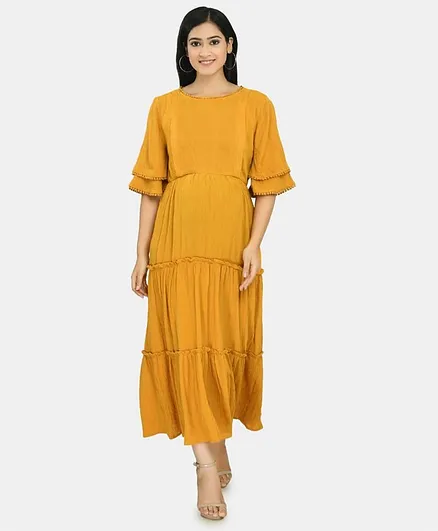 Aaruvi Ruchi Verma Half Sleeves Solid Colour Maternity Maxi Dress - Yellow