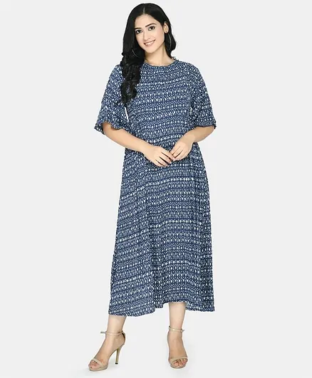 Aaruvi Ruchi Verma Half Sleeves Printed Maternity Maxi Dress - Blue