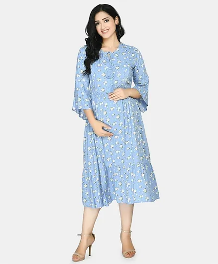 Aaruvi Ruchi Verma Full Sleeves Floral Print Maternity Dress - Light Blue