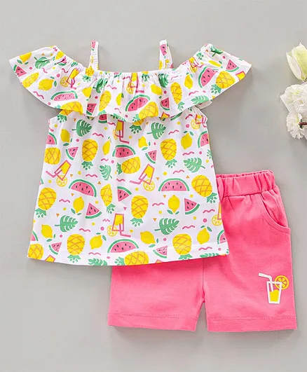 Babyhug Short Sleeves Cold Shoulder Top and Shorts Set Fruits Print - White Pink