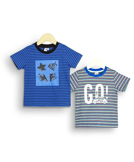 Little Carrot Striped & Printed Half Sleeves Pack Of 2 Tee - Blue