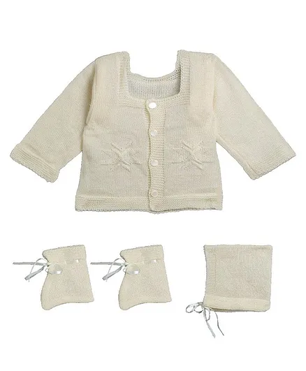 Little Angels Full Sleeves Bow Detailed Sweater With Cap & Booties - White