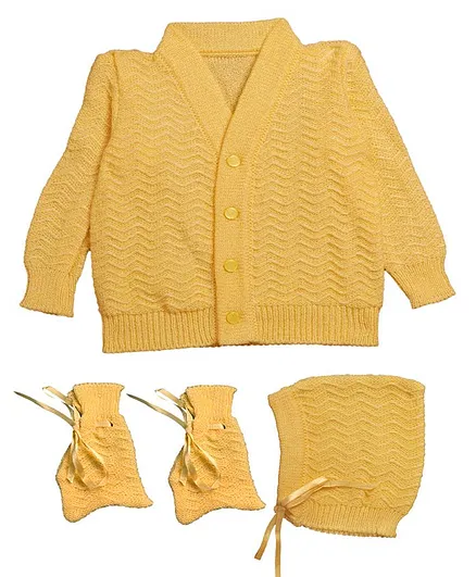 Little Angels Full Sleeves Zig Zag Pattern Sweater With Cap & Booties - Yellow