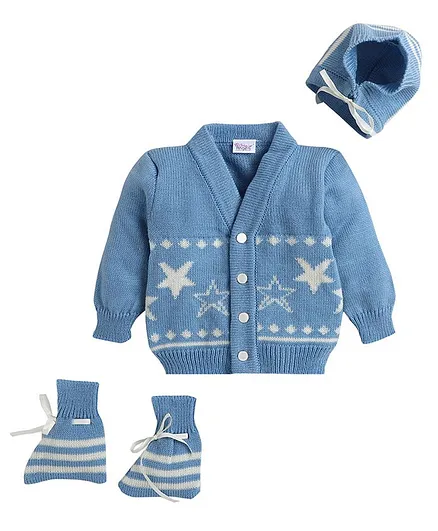 Little Angels Full Sleeves Star Knit Detailing Sweater With Cap & Booties - Light Blue