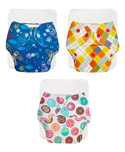 Basic Reusable Cloth Diapers With Inserts  Rocket Print Pack of 3 (Colour May Vary)