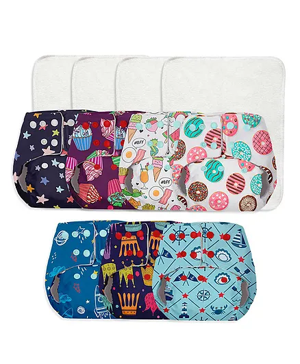 BASIC EASY Reusable Cloth Diapers With Inserts Rocket Print Pack of 7 - Multicolor