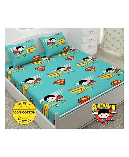 Soul Fiber 100% Cotton Double Bedsheet with 2 Pillow Covers Superhero Print - Green