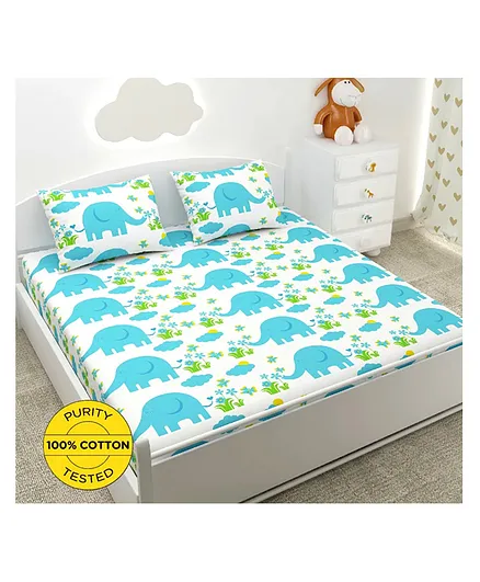 Soul Fiber 100% Cotton Double Bedsheet with 2 Pillow Covers Elephant Print - Blue