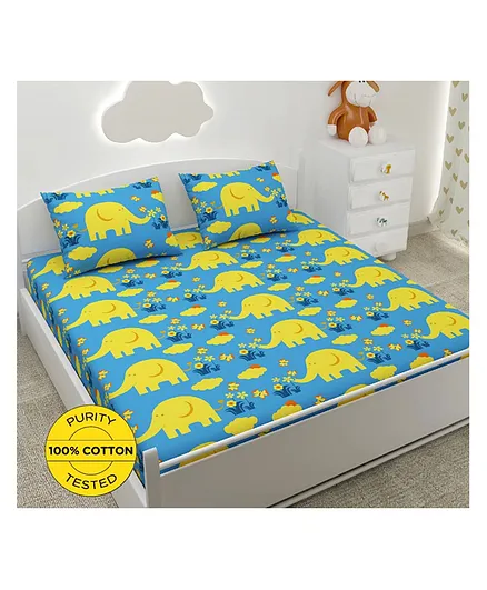Soul Fiber 100% Cotton Double Bedsheet with 2 Pillow Covers Elephant Print - Blue