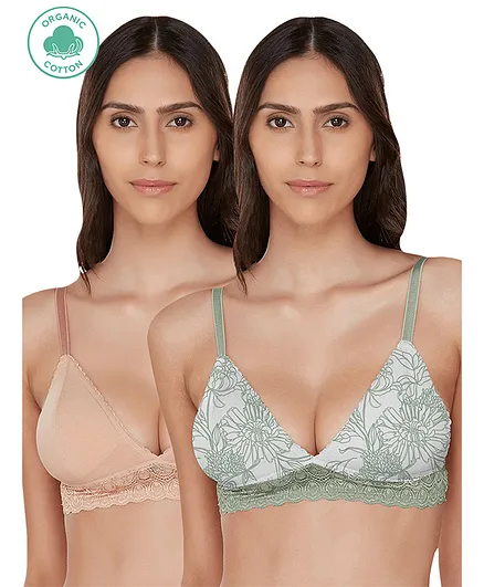 Inner Sense Organic Cotton Antimicrobial Non - Wired Triangular Lace Band Bralette Pack Of 2 - Multi Color