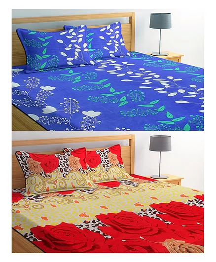 BSB Home Microfiber Double Bedsheet Set of 2 with 2 Pillow Covers Each Floral Print - Multicolour
