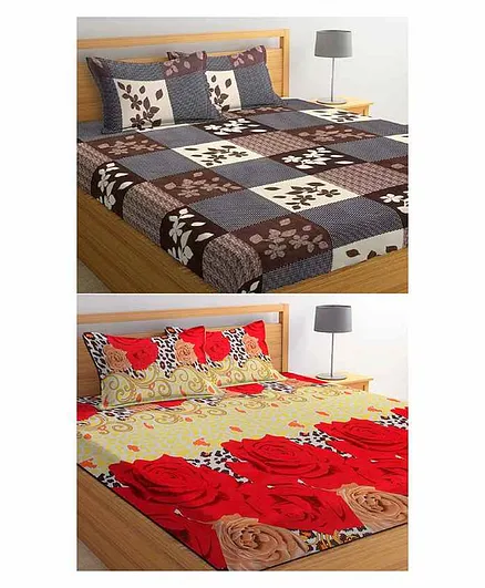BSB Home Microfiber Double Bedsheet Set of 2 with 2 Pillow Covers Each Square & Floral Print - Multicolour