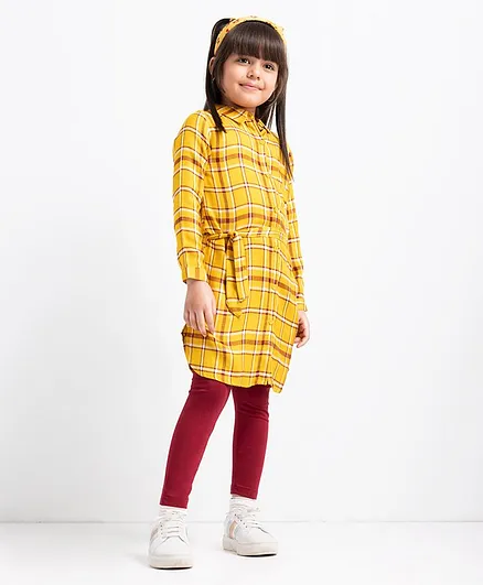 Ollington St. Full Sleeves Shirt Dress & Leggings Set Check Print - Mustard Yellow Maroon