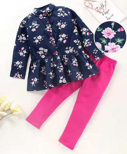 Ollington St. Full Sleeves Shirt & Leggings Floral Print - Navy Blue Pink
