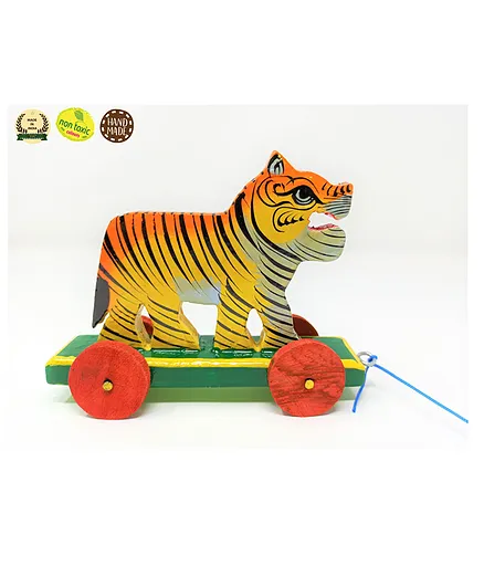 A&A Kreative Box Wooden Pull Along Indian Tiger Toy - Multicolor