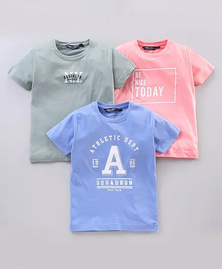 Ruff Half Sleeves T-Shirt Pack of 3 Text Print - Sky Blue Green Pink