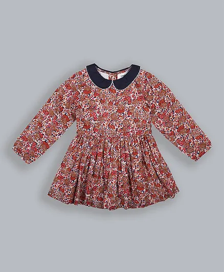 ShopperTree Full Sleeves Peter Pan Collared All Over Floral Print Dress - Pink
