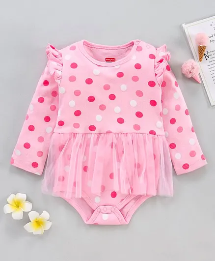 Babyhug 100% Cotton Full Sleeves Frock Style Onesie Dots Print - Pink