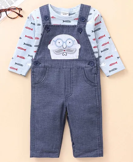 Wonderchild Full Sleeves Fish Print Tee With Man Patch Dungaree - Blue