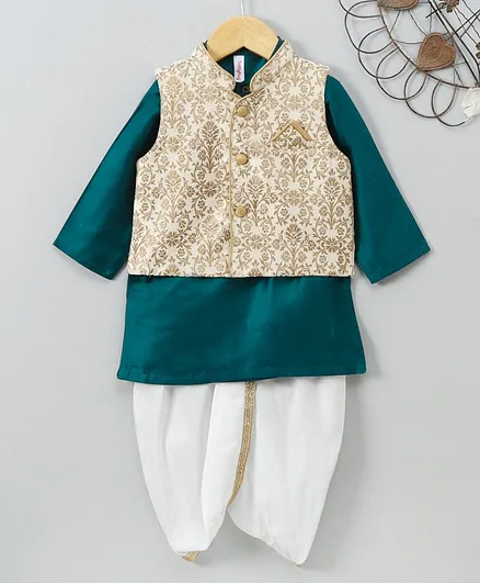 Babyhug Full Sleeves Kurta & Dhoti With Printed Jacket - Teal & Beige