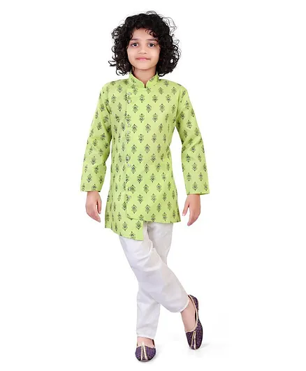Nakshi By Yug Full Sleeves Motif Print Kurta & Pajama -Green & White