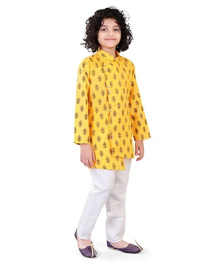 Nakshi By Yug Full Sleeves Motif Print Kurta & Pajama -Yellow & White