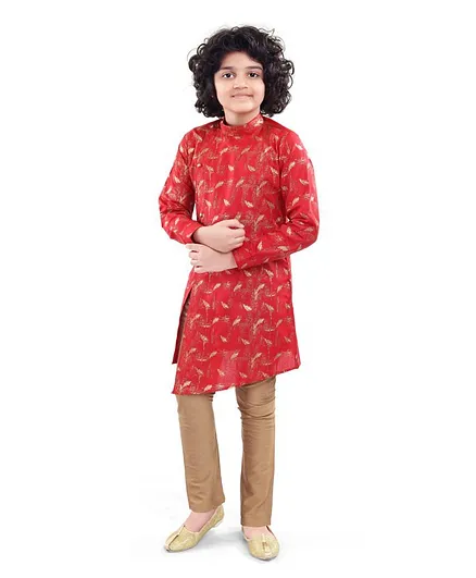 Nakshi By Yug Full Sleeves Feather Design Kurta Pajama - Red & Beige