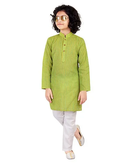 Nakshi By Yug Full Sleeves Striped Kurta Pajama - Green White