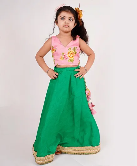 Get Style At Home Sleeveless Floral Print Choli With Lehenga - Pink & Green