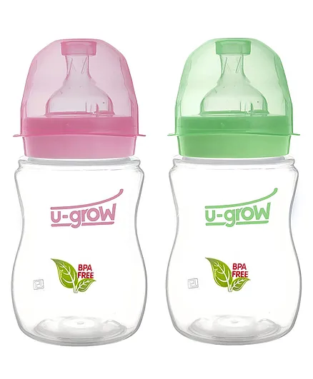 U-grow Anti Colic Wide Neck Feeding Bottle Pack of 2 Pink Green -  250 ml each
