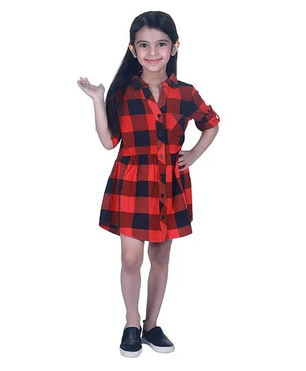 Creative Kids Half Sleeves Checked Shirt Style Fit And Flare Top - Red Navy Blue