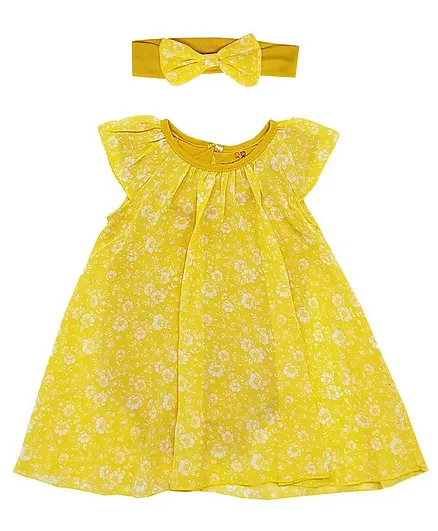 Creative Kids Short Sleeves Floral Print Fit And Flare Onesie Dress With Headband - Yellow