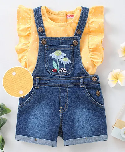Babyhug Denim Dungaree and Short Flutter Sleeves Top Set Polka Dot Print - Yellow Blue