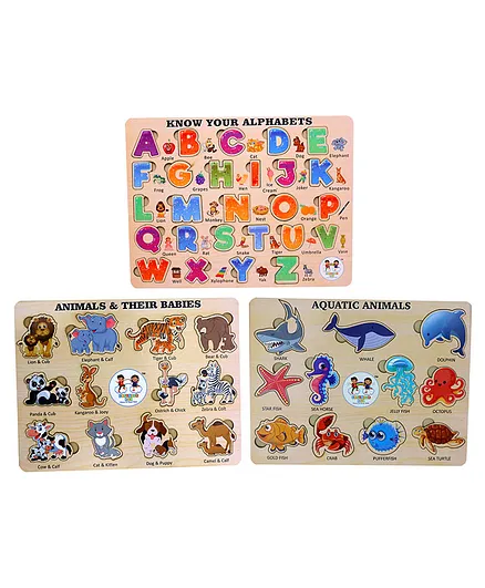 Enjunior Box Wooden Alphabets Animals and Aquatic Animals Puzzle with Knobs Multicolour - 50 Pieces