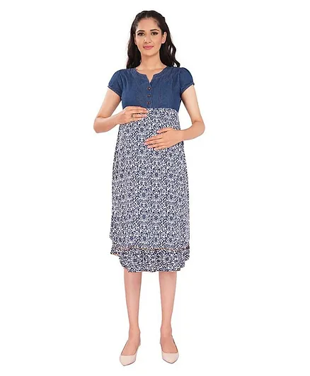 Mamma's Maternity Short Sleeves Floral Print Nursing Dress - Blue