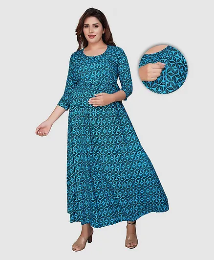 Mamma's Maternity Three Fourth Sleeves All Over Printed Maternity Dress - Blue